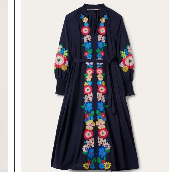 🌼 Boden Embroidered Floral Navy Maxi Belted Dress w/ pockets - Picture 9 of 15